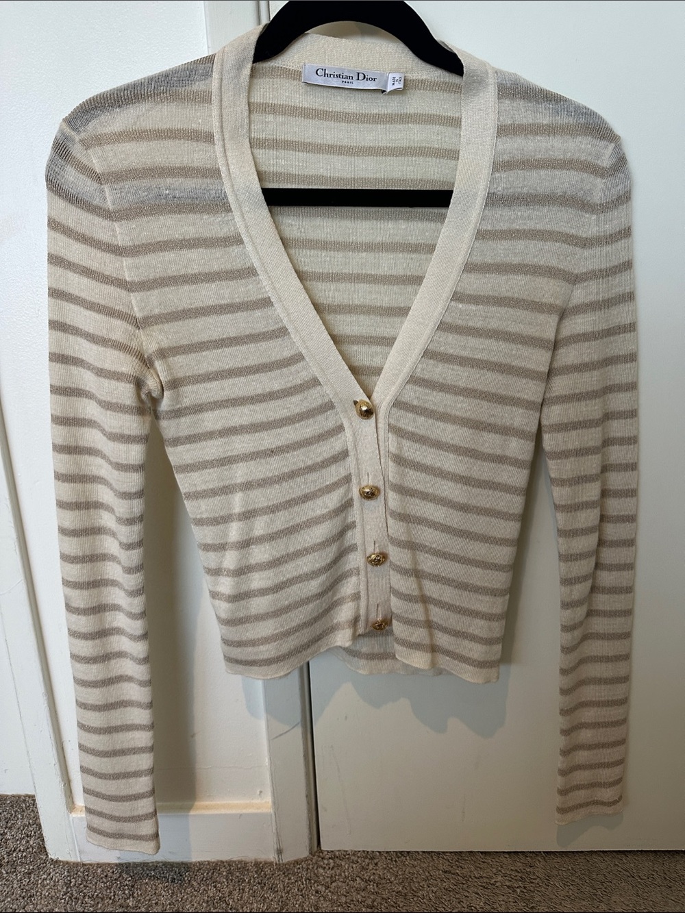 Christian Dior Beige and Cream Striped V-Neck Cardigan